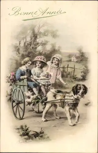 Ak Glückwunsch Neujahr, Arbeitshund, Hundekarren, Blumen, Gratulanten
