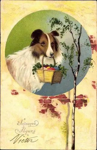 Präge Ak Glückwunsch Ostern, Hund, Korb mit Ostereiern, Birke