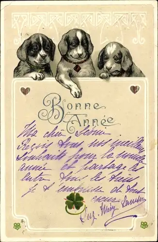 Präge Litho Glückwunsch Neujahr, Drei Hunde, Glücksklee