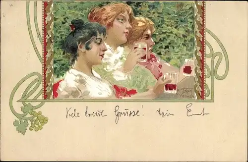 Jugendstil Künstler Ak Tafuri, R., drei Frauen, Portrait, Weingläser