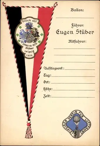 Ak Leipziger Verein für Luftfahrt, Ballonpost, Glück ab, Semper via recta, Eugen Stüber 1927, Wimpel