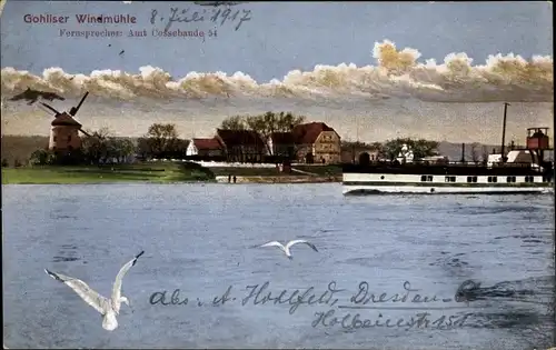 Ak Dresden West Gohlis, Gohliser Windmühle, Dampfer auf der Elbe