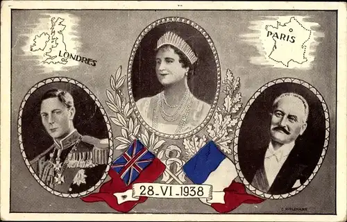 Ak King George VI., Elizabeth Bowes Lyon, Präsident Albert Lebrun, 28.6.1938, London, Paris