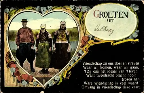 Gedicht Passepartout Ak Grüße aus, Mann und Frauen in niederländischen Trachten