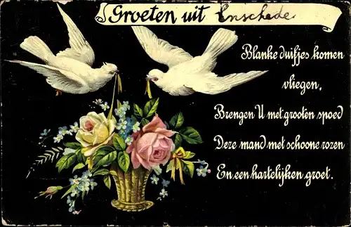 Gedicht Ak Grüße aus, Tauben mit Blumenkorb