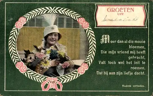 Gedicht Passepartout Ak Güße aus, Frau mit Blumenstrauß