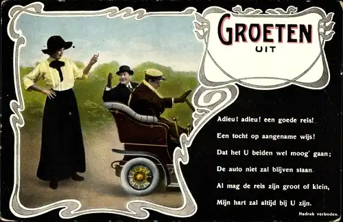 Gedicht Passepartout Ak Grüße aus, Mann im Auto verabschiedet sich von Frau