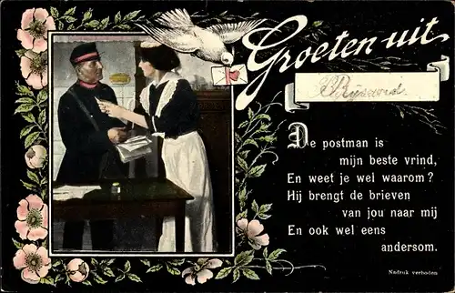 Gedicht Passepartout Ak Güße aus, Dienstmädchen gibt Postbote einen Brief