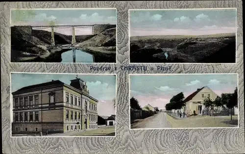 Ak Chrást u Plzně Region Pilsen, Brücke, Panorama, Teilansichten