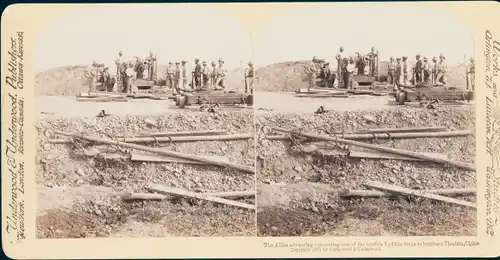 Stereo Foto Tianjin Tientsin China, Schlacht, Vorrücken der Alliierten, Lyddit Kanone