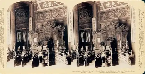 Stereo Foto Beijing Peking China, Verbotene Stadt, Königspalast, Großer Thron, Himmelssöhnen geweiht
