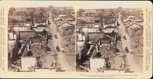 Stereo Foto Tianjin Tientsin China, Verwüstung nach Bombardierung und Brand der Stadt