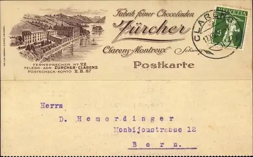 Litho Clarens Montreux Kanton Waadt, Reklame, Fabrik feiner Chocoladen, Zürcher