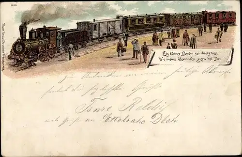 Litho Dampflok in einem Bahnhof, Reisende