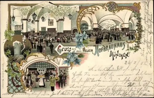 Litho München Bayern, Hofbräuhaus, Innenansicht