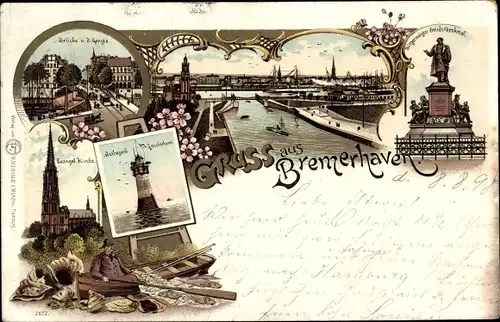 Litho Bremerhaven, Geestebrücke, Rothesand Leuchtturm, Ev. Kirche, Bürgermeister Smidt Denkmal