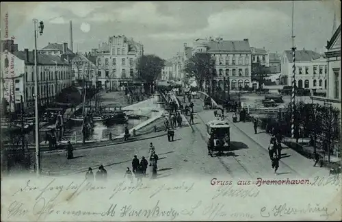 Mondschein Ak Bremerhaven, Straßenpartie, Pferdebahn