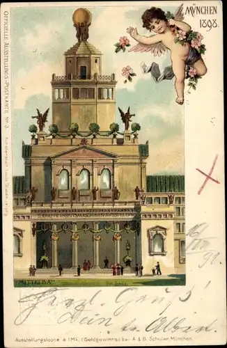 Litho München Bayern, Mittelbau, Ausstellung 1898, Engel