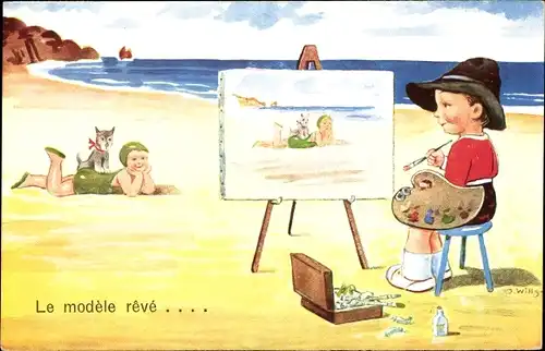 Künstler Ak Wills, John, Kind als Maler am Strand, Mädchen im Badeanzug, Hund