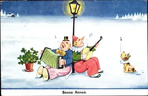 Künstler Ak Wills, John, Fröhliches Neujahr, verkleidete Männer singen unter einer Laterne, Hund