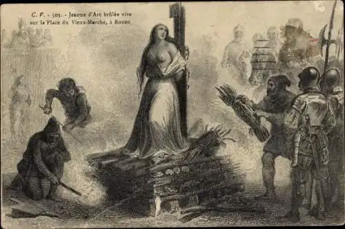 Künstler Ak Rouen Seine Maritime, Jeanne d'Arc wird auf dem Platz Vieux Marche lebendig verbrannt