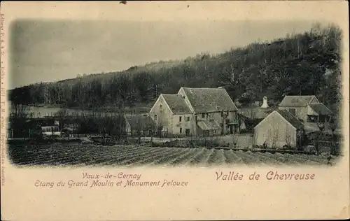 Ak Les Vaux de Cernay Yvelines, Etang du Grand Moulin, Pelouze-Denkmal