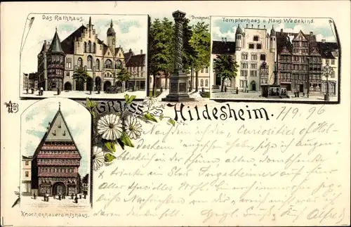 Litho Hildesheim Niedersachsen, Rathaus, Denkmal, Templerhaus, Haus Wedekind, Knochenhaueramtshaus