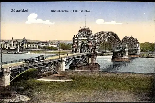 Ak Düsseldorf am Rhein, Rheinbrücke, Kunstpalast, Straßenbahn