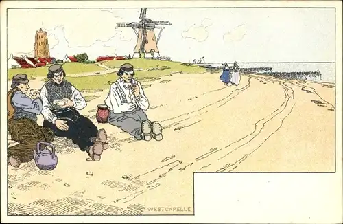 Künstler Litho Cassiers, H., Westkapelle Zeeland, Windmühlen, Strand