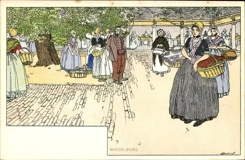 Künstler Litho Cassiers, H., Middelburg Zeeland Niederlande, Frauen in Trachten