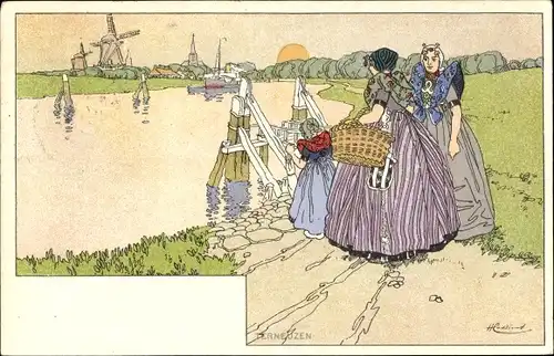 Künstler Litho Cassiers, H., Terneuzen Zeeland Niederlande, Frauen in Tracht, Windmühlen