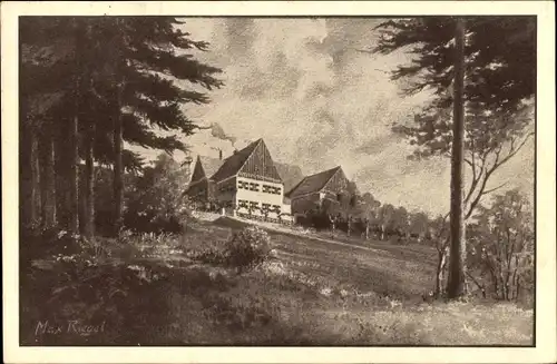 Künstler Ak Max Riegel, Löwenhain Altenberg im Erzgebirge, Schülerheim Dresdner Kaufmannschaft