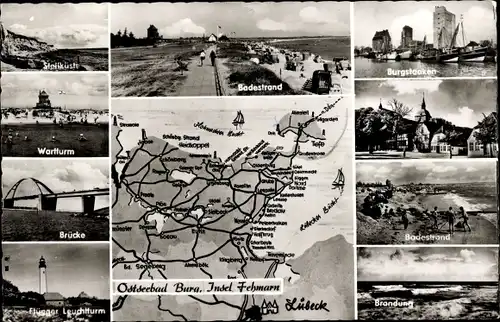 Landkarten Ak Burg auf der Insel Fehmarn, Badestrand, Brücke, Brandung