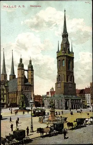 Ak Halle an der Saale, Marktplatz, Kirche, Turm, Denkmal, Brunnen