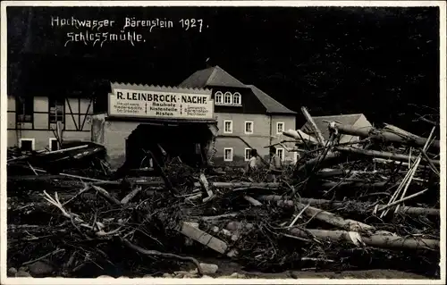 Foto Ak Bärenstein Altenberg Erzgebirge, Hochwasser 1927, zerstörte Schlossmühle, Bauholzhandlung