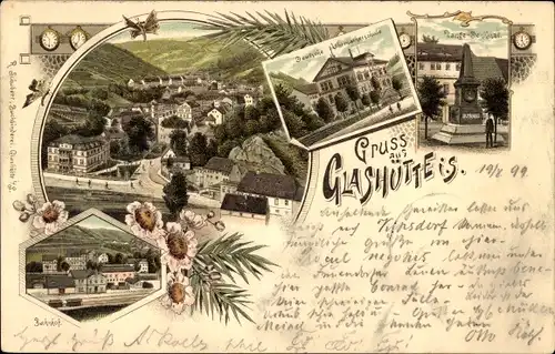 Litho Glashütte in Sachsen, Bahnhof, Deutsche Uhrmacherschule, Lange Denkmal