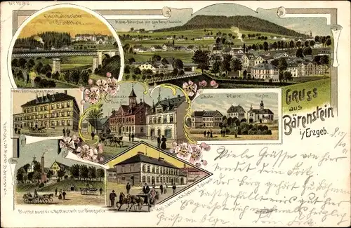 Litho Bärenstein Altenberg Erzgebirge Schule, Pfarre, Kirche, Totalansicht