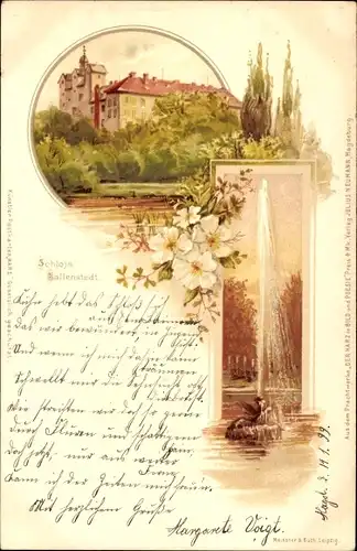 Litho Ballenstedt im Harz, Schloss, Springbrunnen