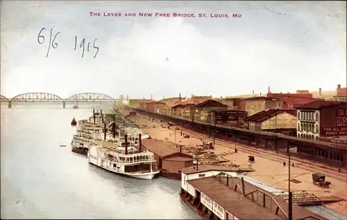 Ak St. Louis Missouri USA, The Levee und neue freie Brücke