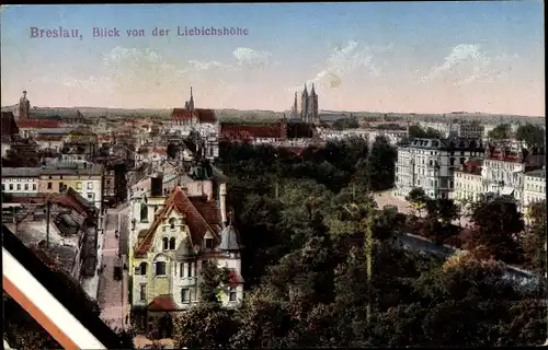 Ak Wrocław Breslau Schlesien, Gesamtansicht, Blick von der Liebichshöhe