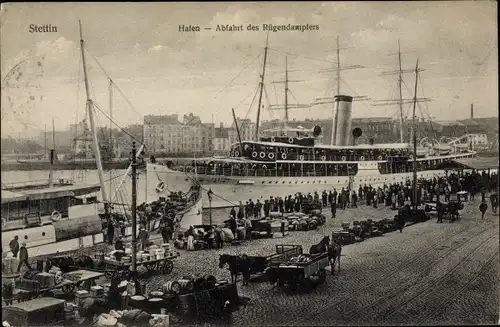Ak Szczecin Stettin Pommern, Hafen, Abfahrt des Rügendampfers