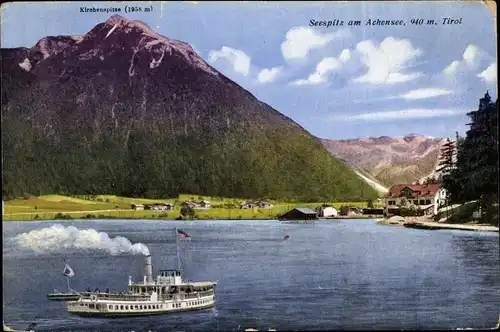 Ak Tirol Österreich, Seespitz am Achensee, Kirchenspitze, Salondampfer