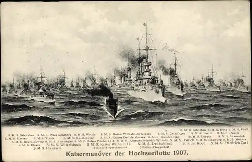 Künstler Ak Deutsche Kriegsschiffe, Kaisermanöver der Hochseeflotte 1907