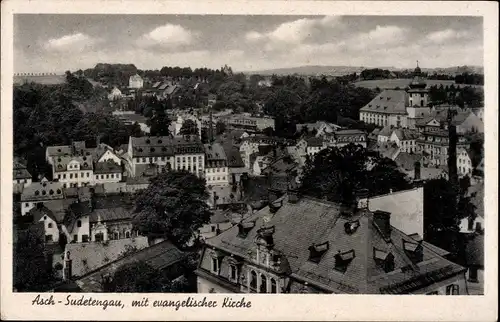 Ak Aš Asch Region Karlsbad, Panorama, evangelische Kirche