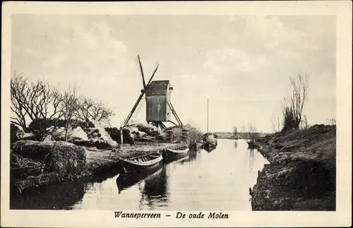 Ak Wanneperveen Overijssel, Die alte Mühle, Boote