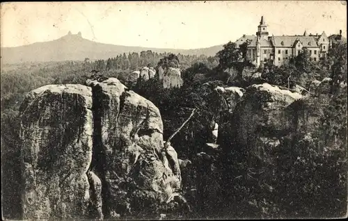 Ak Hrubá Skála Groß Skal Region Reichenberg, Gesamtansicht, Felsen, Hotel