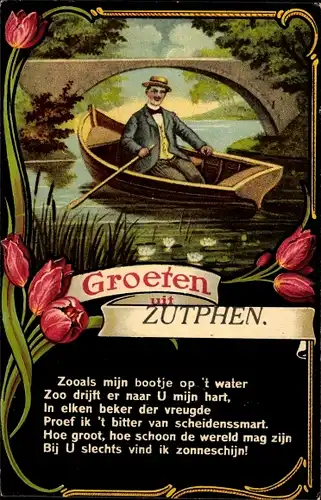 Gedicht Passepartout Ak Zutphen Gelderland, Grüße aus, Mann im Ruderboot