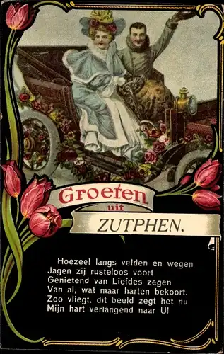 Gedicht Passepartout Ak Zutphen Gelderland, Grüße aus, Paar im Automobil