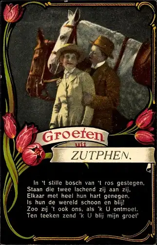 Ak Zutphen Gelderland, Liebespaar, Pferde, Tulpen