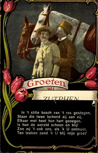 Ak Zutphen Gelderland, Liebespaar, Pferde, Tulpen